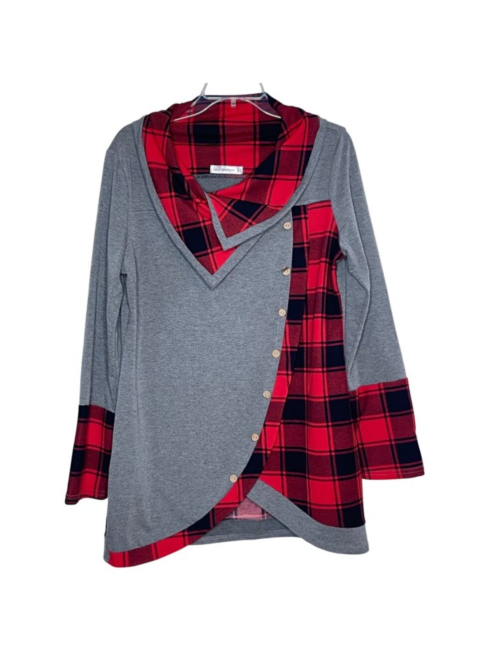 Dressfo Women's Asymmetrical Gray & Red Plaid Long Sleeve Tunic Button Detail 12